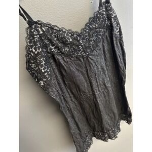 Vintage Y2K Vanity Sz M Lace Trim Tank Top Camisole Crinkle Adjustable Black